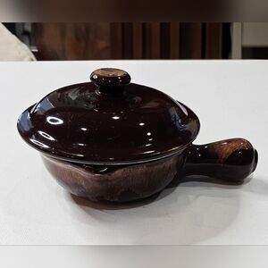 Vintage Hall Pottery Brown Drip Glazed Handled Casserole Bowl #2190